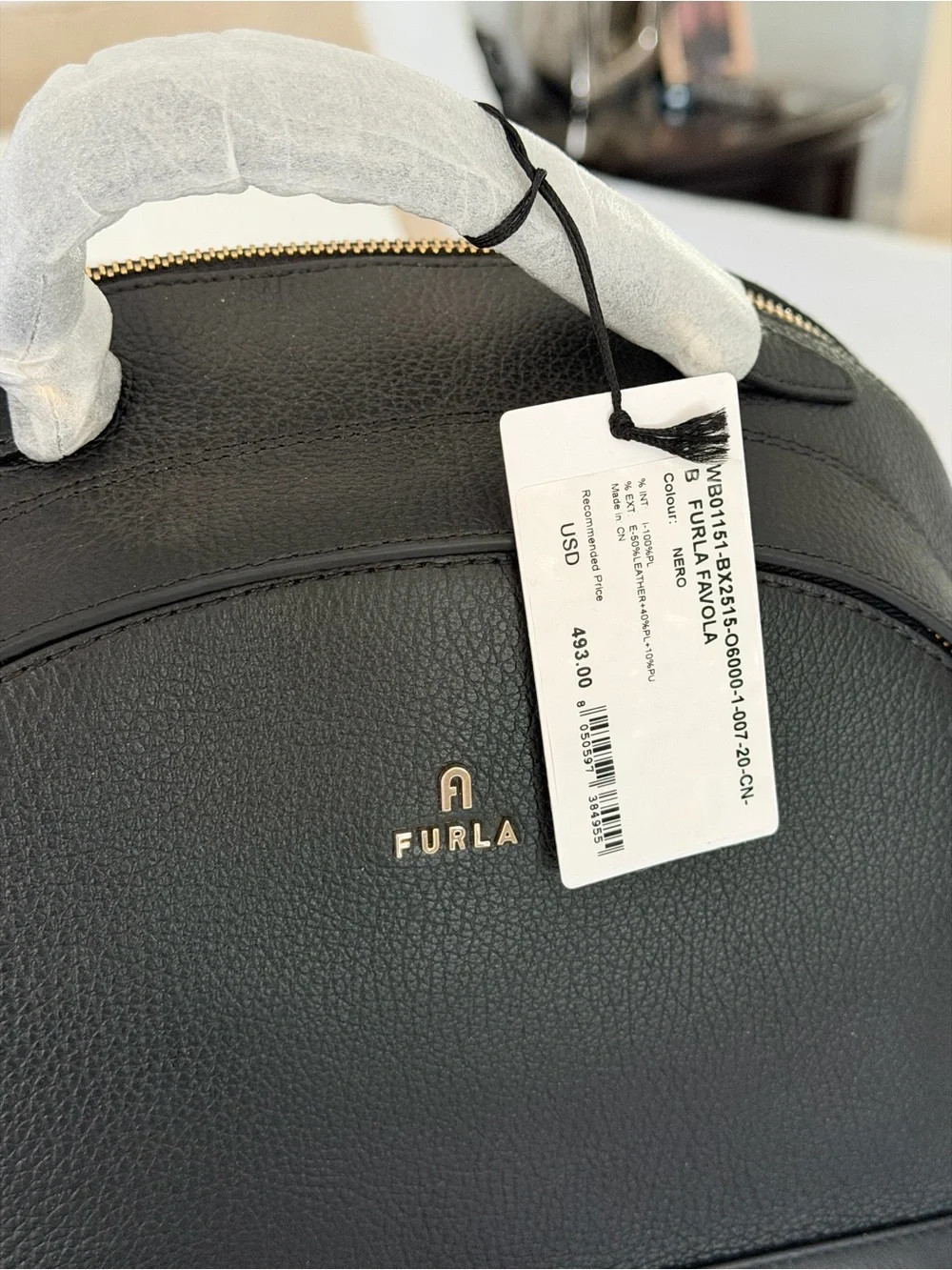 Furla Black Leather Backpack with Gold Logo